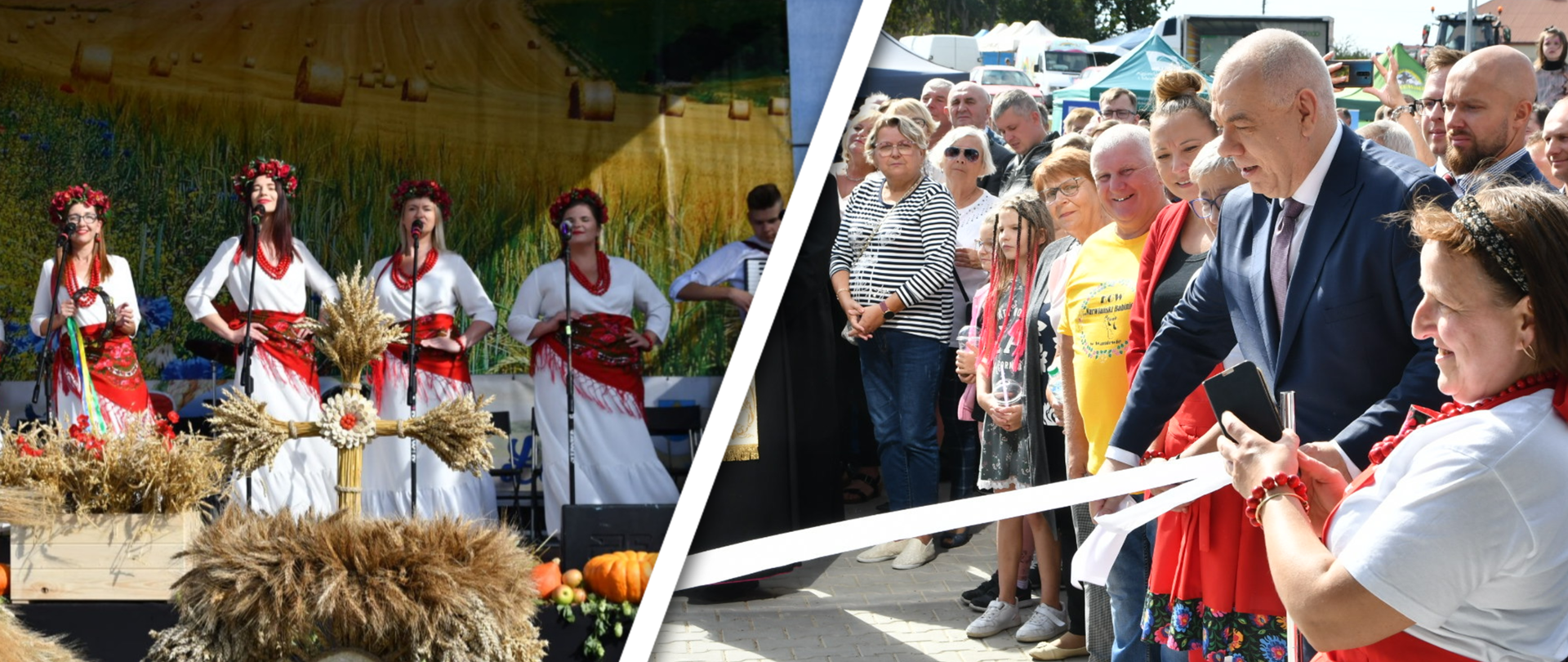 Kolaż dwóch zdjęć, na jednym wicepremier Jacek Sasin podczas spotkania z mieszkańcami, na drugim występ zespołu regionalnego na scenie. 