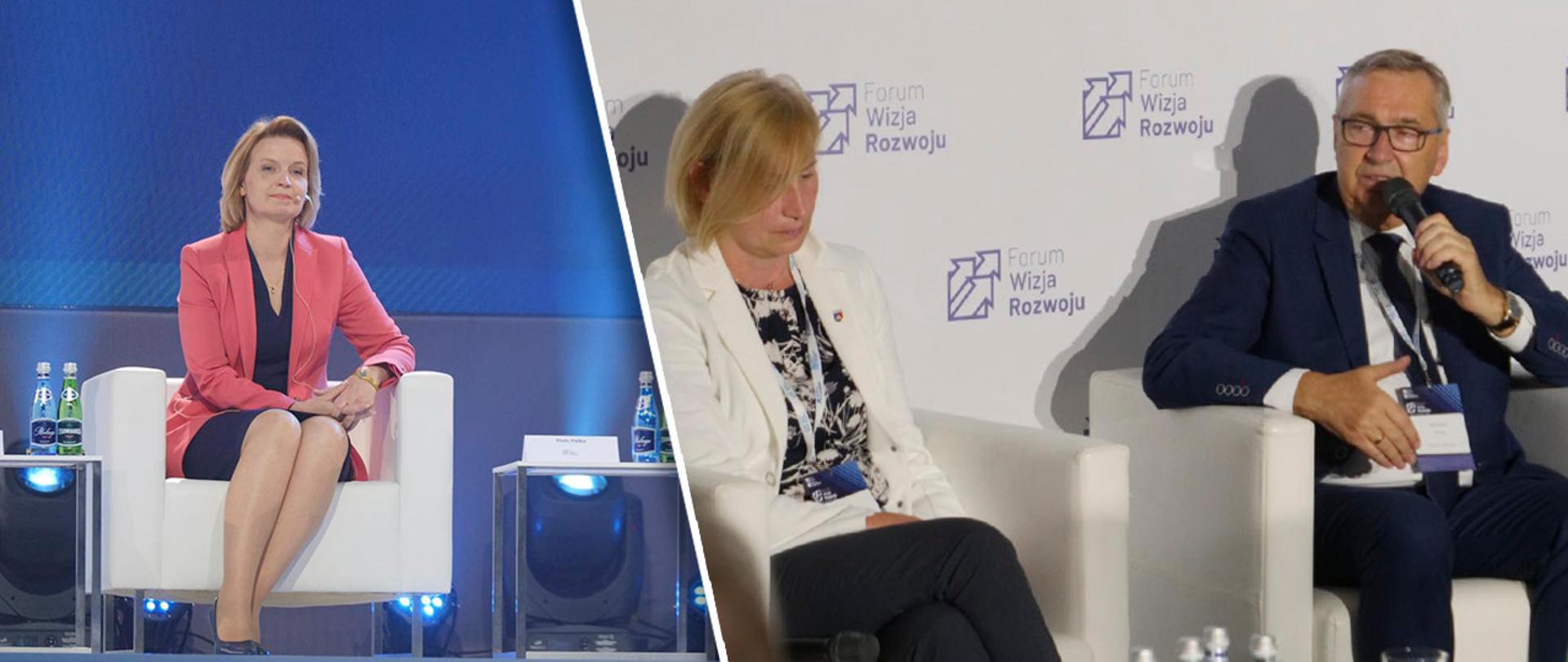 Zdjęcie siedzącej minister Sochy z lewej strony oraz osobne zdjęcie siedzącego w fotelu ministra Szweda