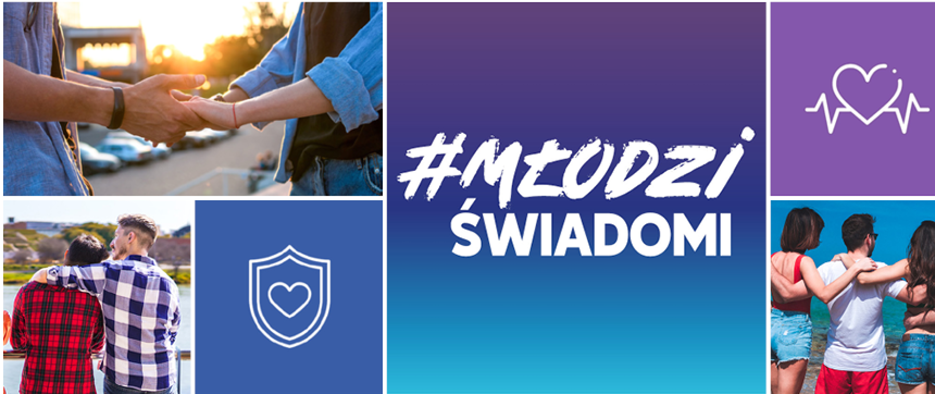 Grafika z napisem #Młodzi świadomi, zdjęcia młodych ludzi trzymających się za ręce w geście współpracy