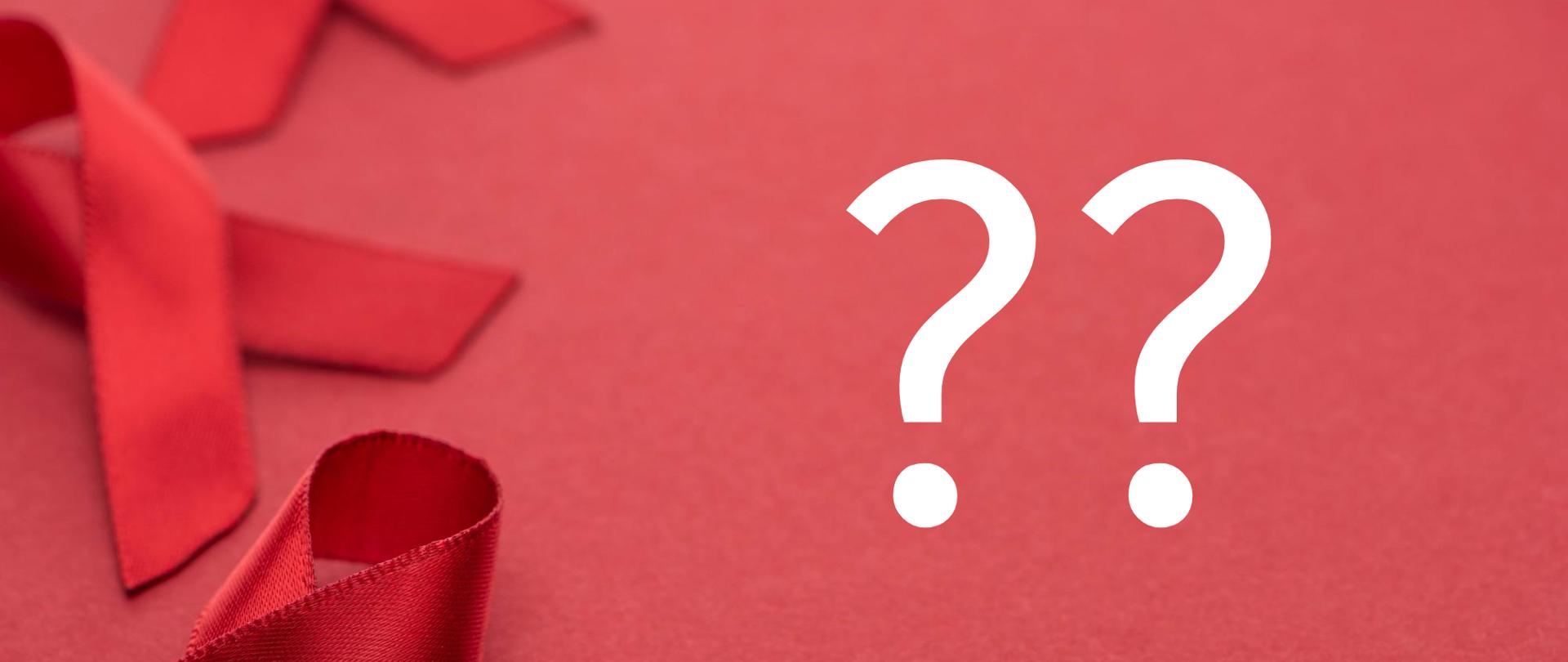 Na grafice są znaki zapytania oraz czerwone wstążki. Tło jest czerwone.