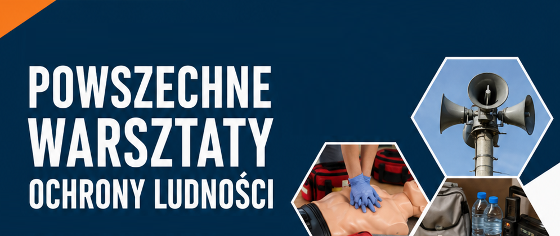 Grafika to plakat informacyjno-promocyjny w języku polskim zatytułowany „Powszechne Warsztaty Ochrony Ludności”. Ulotka zachęca do udziału w bezpłatnych szkoleniach z zakresu bezpieczeństwa i pierwszej pomocy. Na plakacie znajduje się kod QR kierujący do zapisów. Wydarzenie organizuje Polski Czerwony Krzyż (PCK) we współpracy z Powiatem Lęborskim.