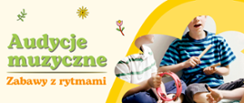 Plakat w jasnych, żółto-kremowych barwach z dużym tytułem audycji muzycznej. Po prawej stronie, w dekoracyjnym kształcie, widoczne jest zdjęcie dzieci bawiących się instrumentami rytmicznymi, m.in. tamburynem i dzwoneczkami. 