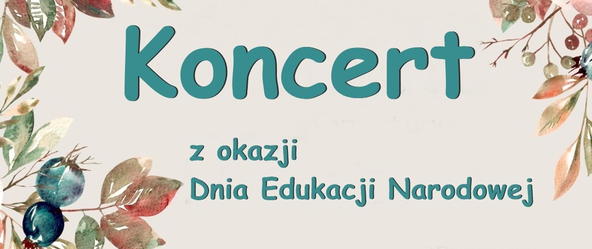 Tło plakatu w kolorze kremowym. W rogach umieszczono elementy kwiatów. W centralnej części napis informujący o koncercie z okazji DEN w dniu 17.10.2024r. W dole plakatu loga jasielskich szkół muzycznych.