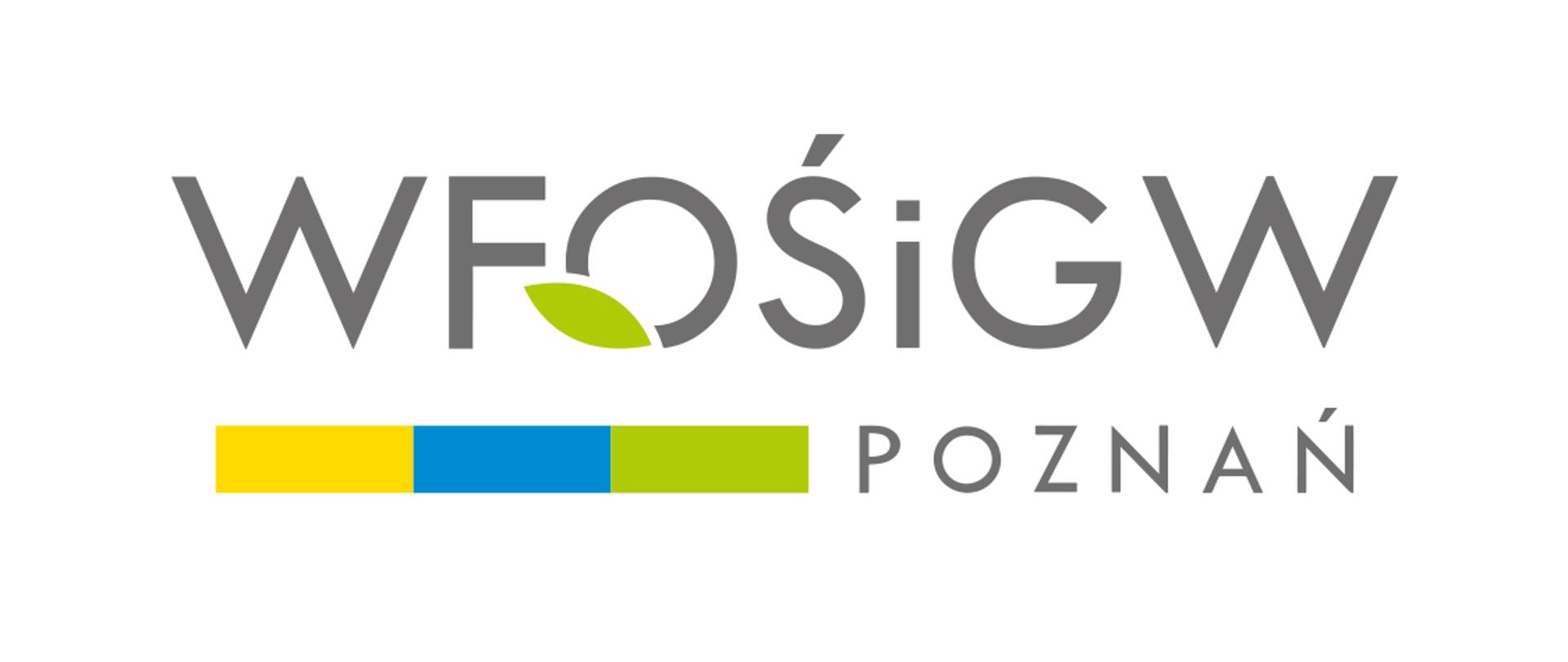 Grafika przedstawiająca logotyp Wojewódzkiego Funduszu Ochrony Środowiska i Gospodarki Wodnej na białym tle. Na dole napis POZNAŃ w kolorze.