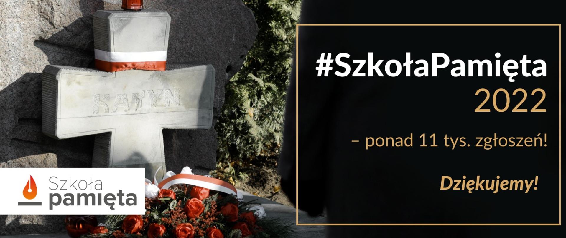 Zdjęcie krzyża owiniętego biało-czerwoną wstążką i napis Szkoła pamięta 2022 - ponad 11 tys. zgłoszeń.