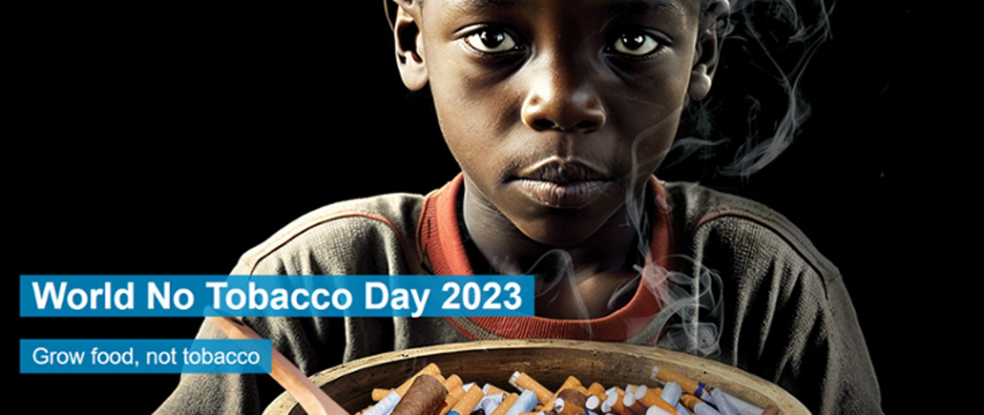 Na czarnym tle chłopiec pochylający się nad miską wypełnioną niewypalonymi i niezagaszonymi papierosami. W dolnym lewym rogu napis w kolorze białym na niebieskim tle: World No Tobacco Day 2023. Grow food, not tobacco.