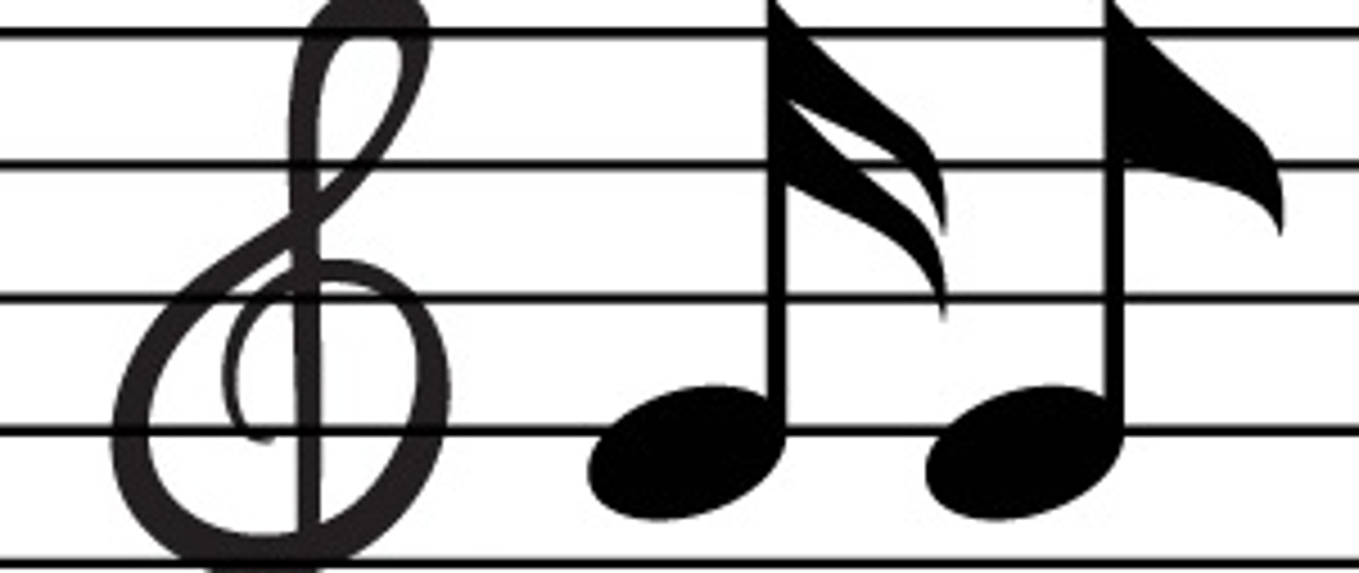Grafika monochromatyczna przedstawiająca fragment pięciolinii, na której umieszczony jest klucz wiolinowy i dwie nutki G: szesnastka i ósemka