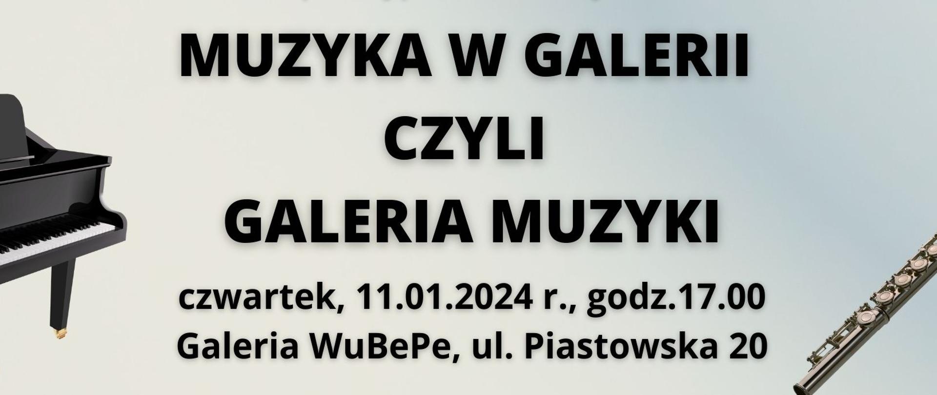 Jasny plakat przedstawiający grafikę fortepianu i skrzypiec po lewej stronie oraz fletu i wiolonczeli umieszczonych po prawej stronie, w górnej części logotypy Szkoły oraz Wojewódzkiej Biblioteki Publicznej, w centralnej części informacja o wykonawcach, dacie, godzinie oraz miejscu koncertu, w dolnej części logotypy patronów medialnych: Radio Opole, Radio DOXA, Nowej Trybuny Opolskiej, portalu informacyjnego opowiecie.info oraz ecovision.tv, o!polska