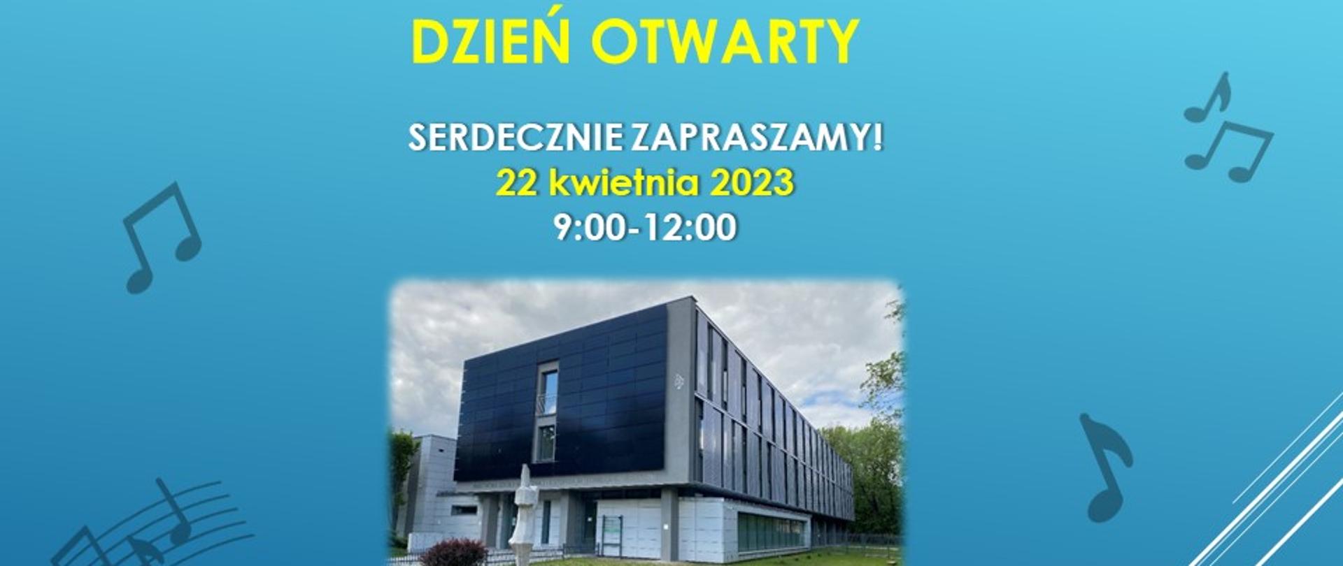 Na niebieskim tle informacja na temat dnia otwartego i zdjęcie budynku szkoły