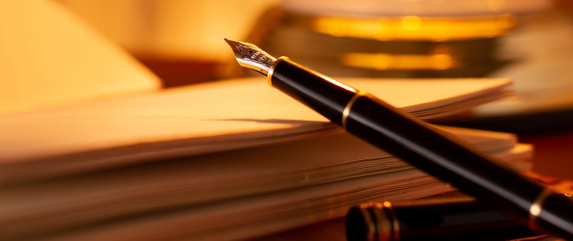 Pióro oparte o otwartą teczkę z dokumentami.