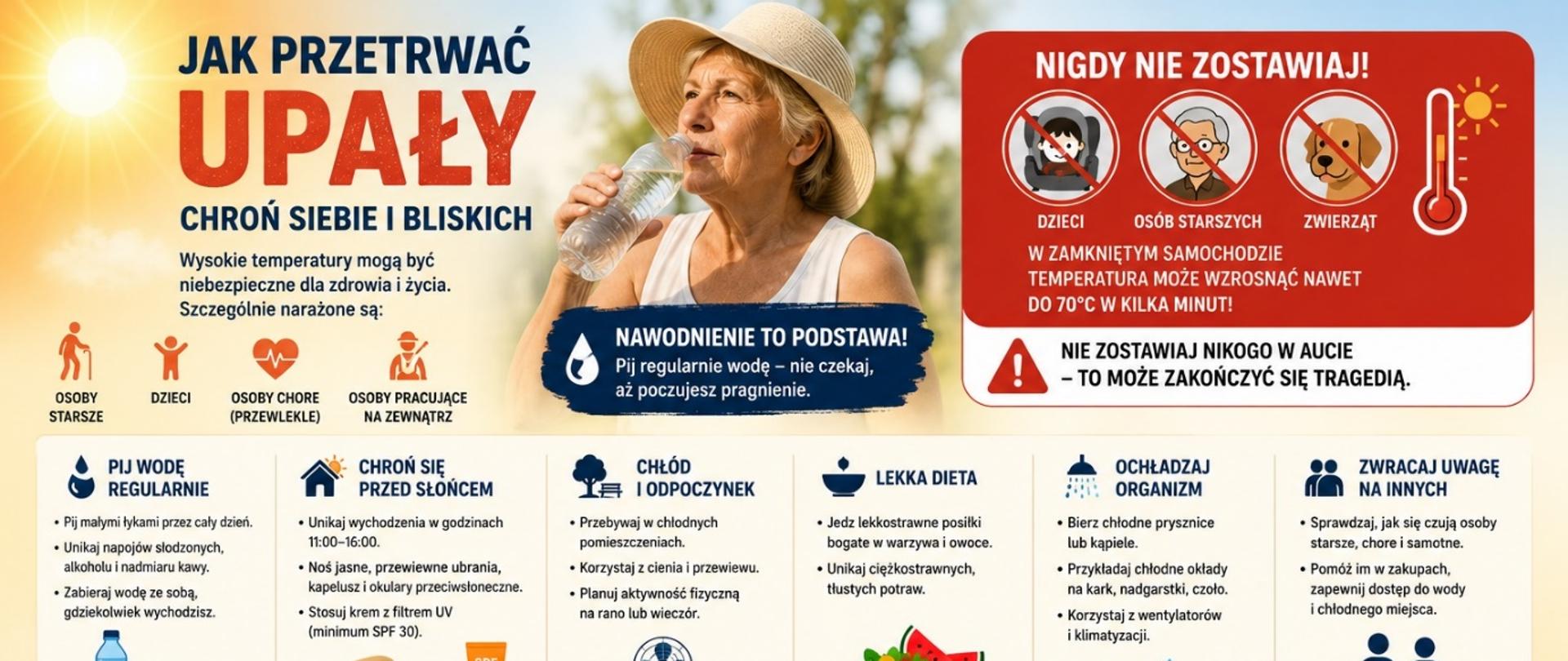 Infografika pt. „Jak przetrwać upały” przygotowana przez Powiatową Stację Sanitarno‑Epidemiologiczną w Gryficach. Na środku znajduje się starsza kobieta w kapeluszu pijąca wodę. Grafika zawiera wskazówki dotyczące ochrony zdrowia podczas wysokich temperatur: regularne picie wody, unikanie słońca w godzinach 11:00–16:00, noszenie lekkiej odzieży i stosowanie kremów z filtrem, odpoczynek w chłodnych miejscach, lekkostrawna dieta oraz schładzanie organizmu. Wskazano grupy szczególnie narażone (osoby starsze, dzieci, osoby chore przewlekle i pracujące na zewnątrz). Ostrzeżenie informuje, aby nigdy nie zostawiać dzieci, osób starszych ani zwierząt w samochodzie. Dolna część grafiki przedstawia objawy odwodnienia i udaru cieplnego oraz zalecenie, by w nagłych przypadkach dzwonić pod numer 112.