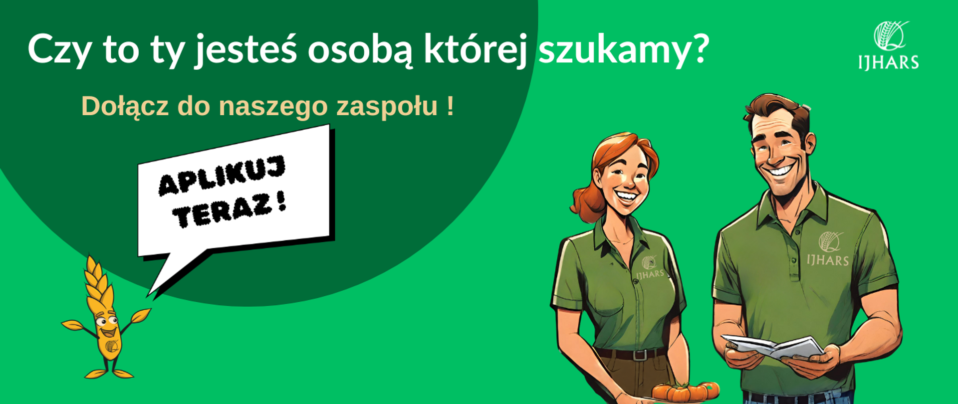 Grafika przedstawiająca kobietę i mężczyznę inspektorów w umundurowaniu na zielonym tle oraz grafika kłos złotowłosa 