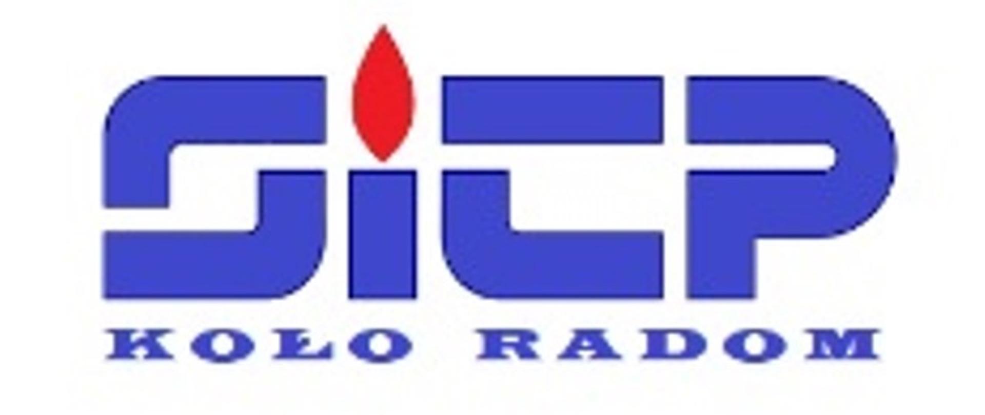 Zdjęcie przedstawia logo Stowarzyszenia Inżynierów i Techników Pożarnictwa Koło Radom. Na zdjęciu na białym tle widnieją niebieskie litery sitp. Litera i posiada kropkę w kształcie płomienia w kolorze czerwonym. Pod nimi znajduje się napis w kolorze niebieskim koło radom.