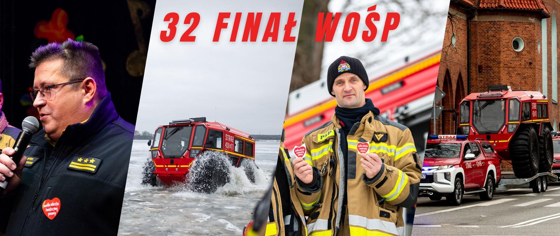 Kolarz zdjęć a na nich - Komendant Powiatowy PSP w Ełku podczas licytacji, wszędołaz SHERP podczas ćwiczeń na wodzie, strażacy pozujący z nalepkami WOŚP oraz SHERP podczas parady