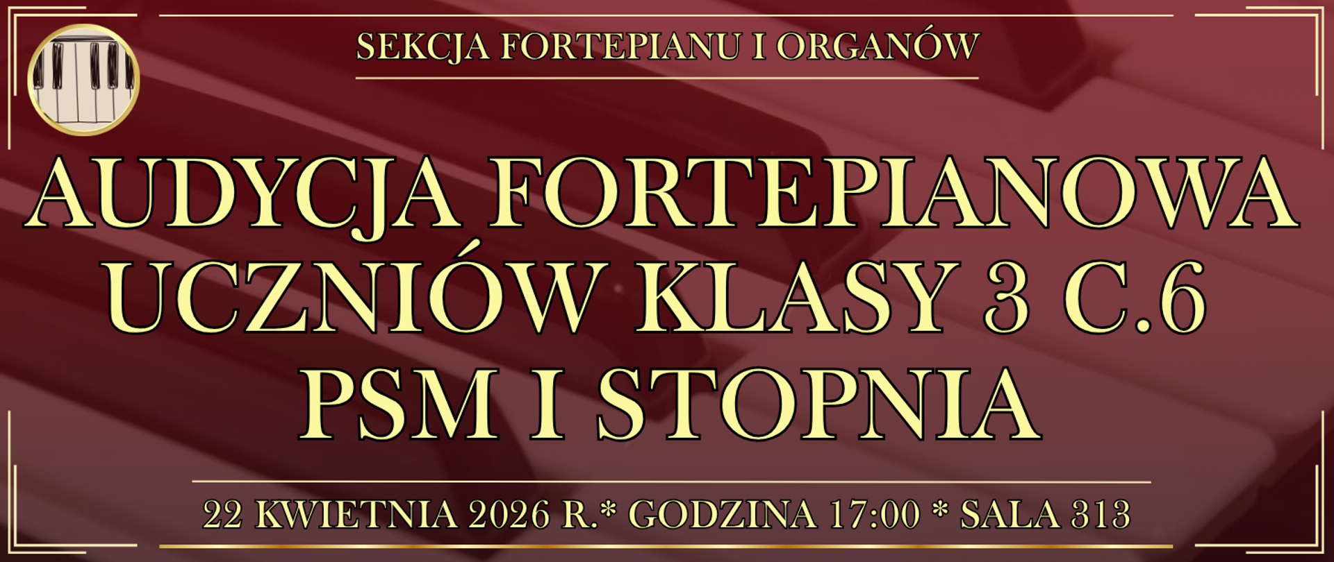 baner w tle klawiatura fortepianu oraz informacja o wydarzeniu