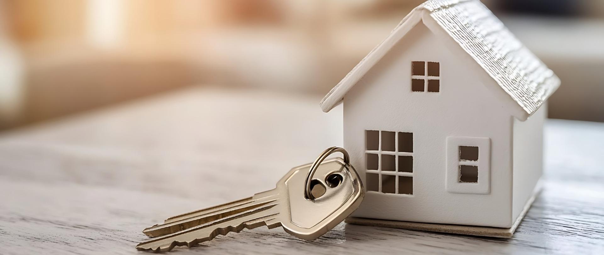 Po prawej stronie jest dom w formie symbolicznej, a przed nim leży duży klucz jeden. Tło jest zamazane.
