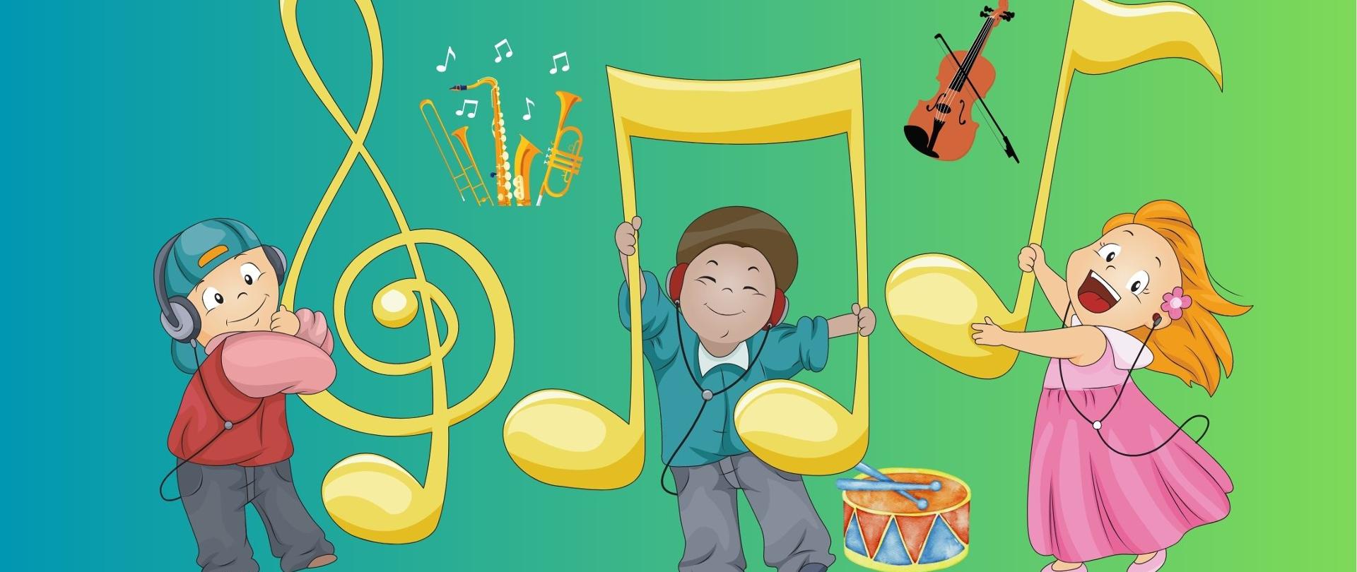 plakat graficzny przedstawia na zielonym tle na dole i na górze postaci dzieci w otoczeniu nut i instrumentów, a w części centralnej informacja w białych literach o koncercie uczniów klasy 1 15 czerwca 2023