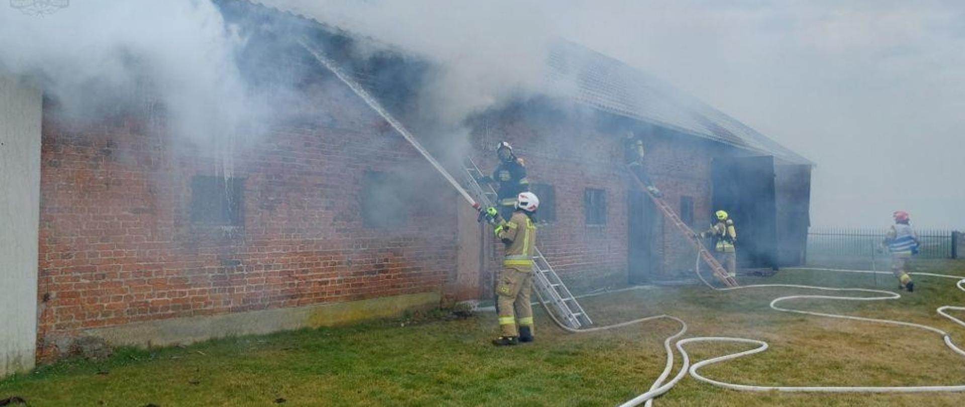 Strażacy podczas gaszenia budynku
