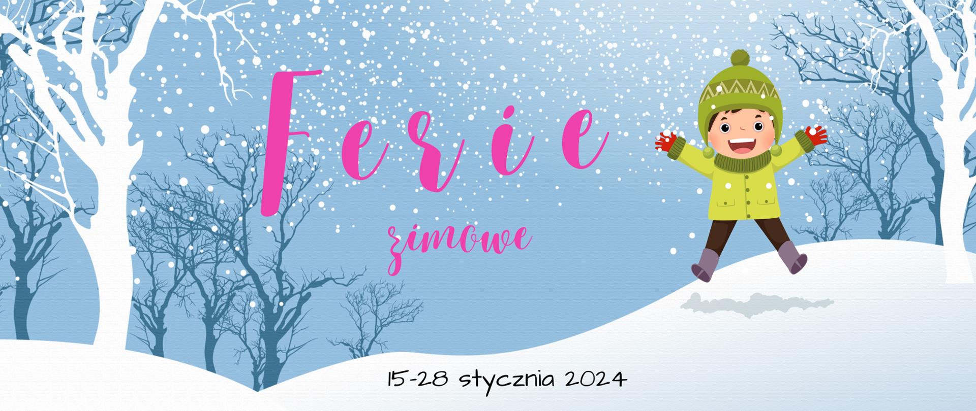 Baner z różowym napisem ferie zimowe. Uśmiechnięte dziecko ubrane w zimową odzież podskakuje na śniegu. W tle widać padąjacy śnieg i nagie drzewa bez liści.