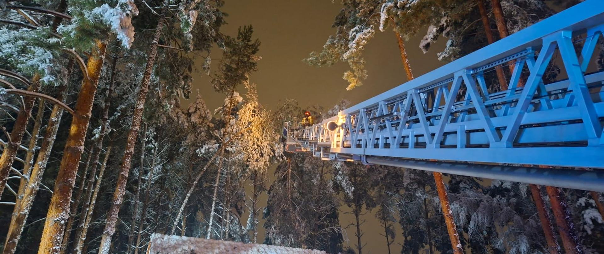 Strażacy podczas interwencji na drabinie mechanicznej