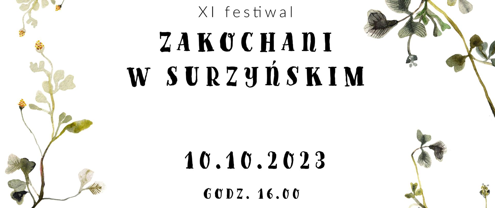 plakat festiwalu "Zakochani w Surzyńskim 2023" na białym tle z motywem roślinnym w tle