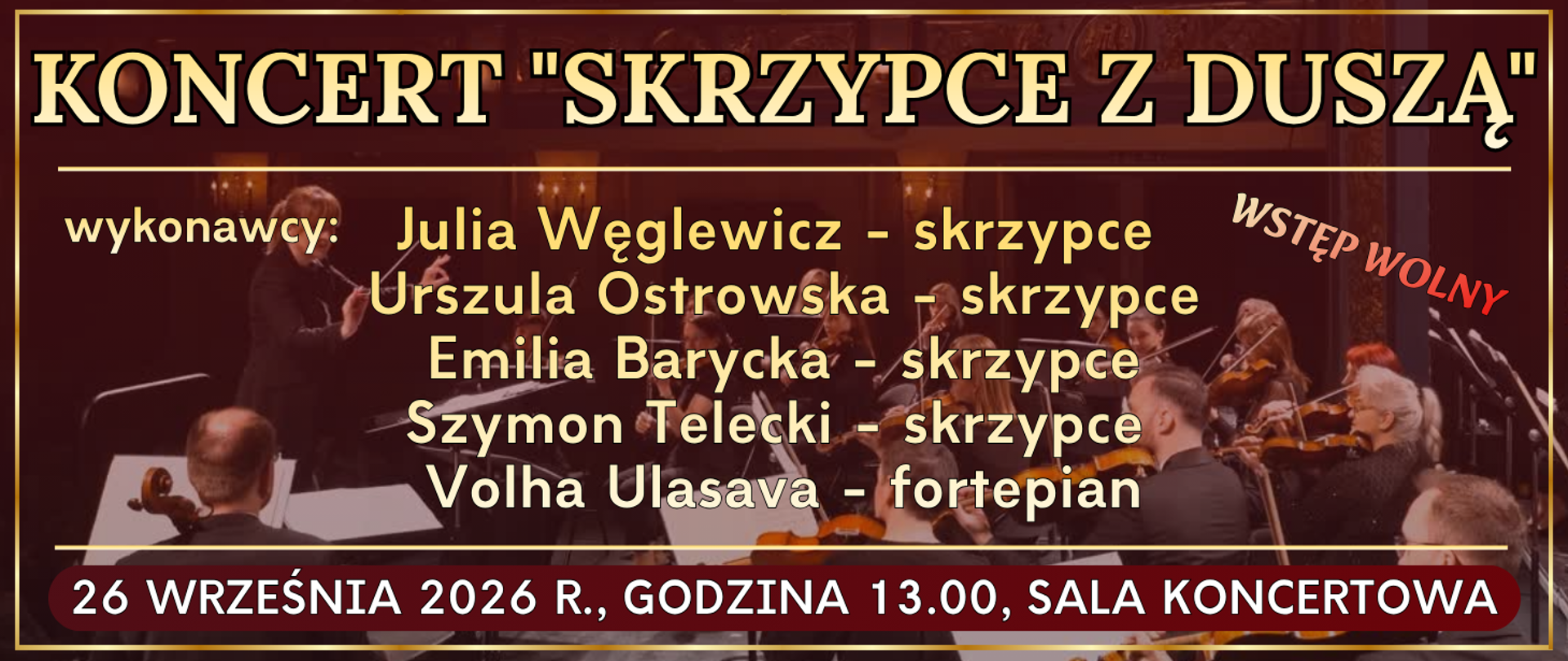 baner złota ramka w tle grający skrzypkowie oraz informacja o wydarzeniu