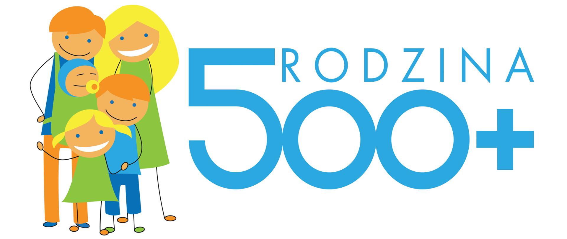 Logo programu Rodzina 500 plus. Po lewej stronie napis na niebiesko Rodzina 500 +. Po prawej zarys gracziny dwóch dorosłych postaci i trójkę małych dzieci. 
