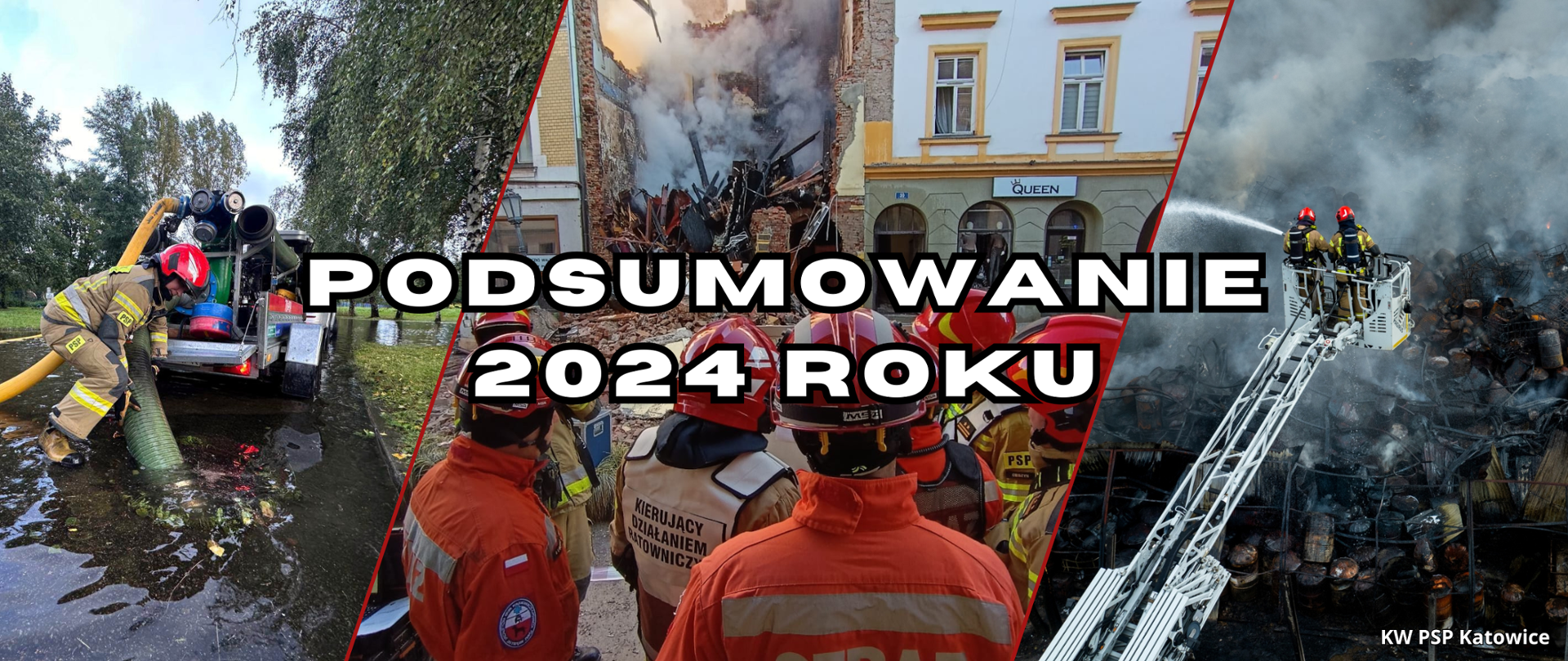 Baner składający się kolażu trzech zdjęć. Po lewej zdjecie strażaka obok przyczepy pompowej z pompą wysokiej wydajności. Przyczepa stoi w wodzie, strażak w ubraniu specjalnym i hełmie podtrzymuje wąż ssawny. Na środkowym zdjęciu na pierwszym planie stoi strażaków w ubraniach specjalnych i hełmach, w odddali widoczna cześciowo zawalona kamienica. Po prawej stronie na zdjęciu widoczni strażący, którzy z kosza podnośnika gaszą pożar składowiska odpadów. Na banerze napis podsumowanie 2024 roku.