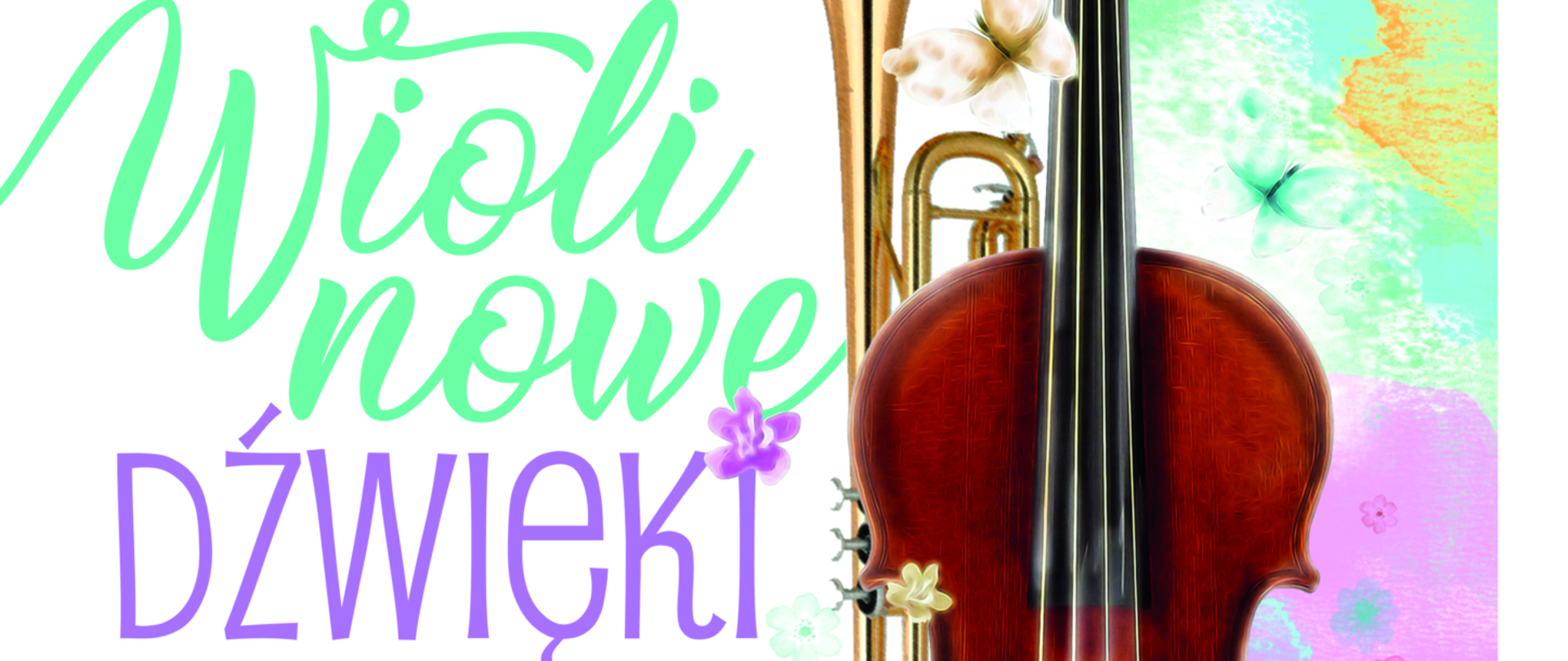 Plakat na białym tle widoczna trąbka i kontrabas tytuł plakatów jej nowe dźwięki trąbka i skrzypce na początek wiosny. Wystąpią Piotr Duda oraz na skrzypcach Weronika Michalczyk Małgorzata Tartanus Mateusz Nadolski akompaniuje Elżbieta Budnik prowadzenie Bogusława Dylewska. Data koncertu 23 kwietnia godzina 16:00 muzeum historyczne Skierniewic wstęp wolny na dole plakatu logo muzeum historycznego Skierniewic na swojej szkole muzycznej w Żyrardowie logo szkoły muzycznej w Skierniewicach oraz fioletowy budynek muzeum historycznego w Skierniewicach.