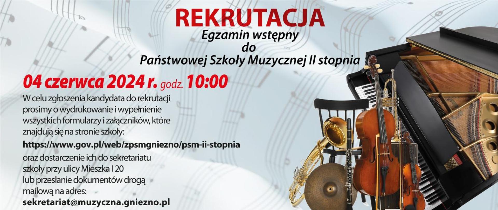 na błękitnym tle nadruk pięciolinii z nutami, z prawej strony zbiór różnych instrumentów muzycznych, z lewej strony informacje dotyczące rekrutacji do II stopnia