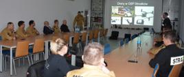 Grupa strażaków na Sali wykładowej. Prowadzona jest prezentacja na temat dronów.