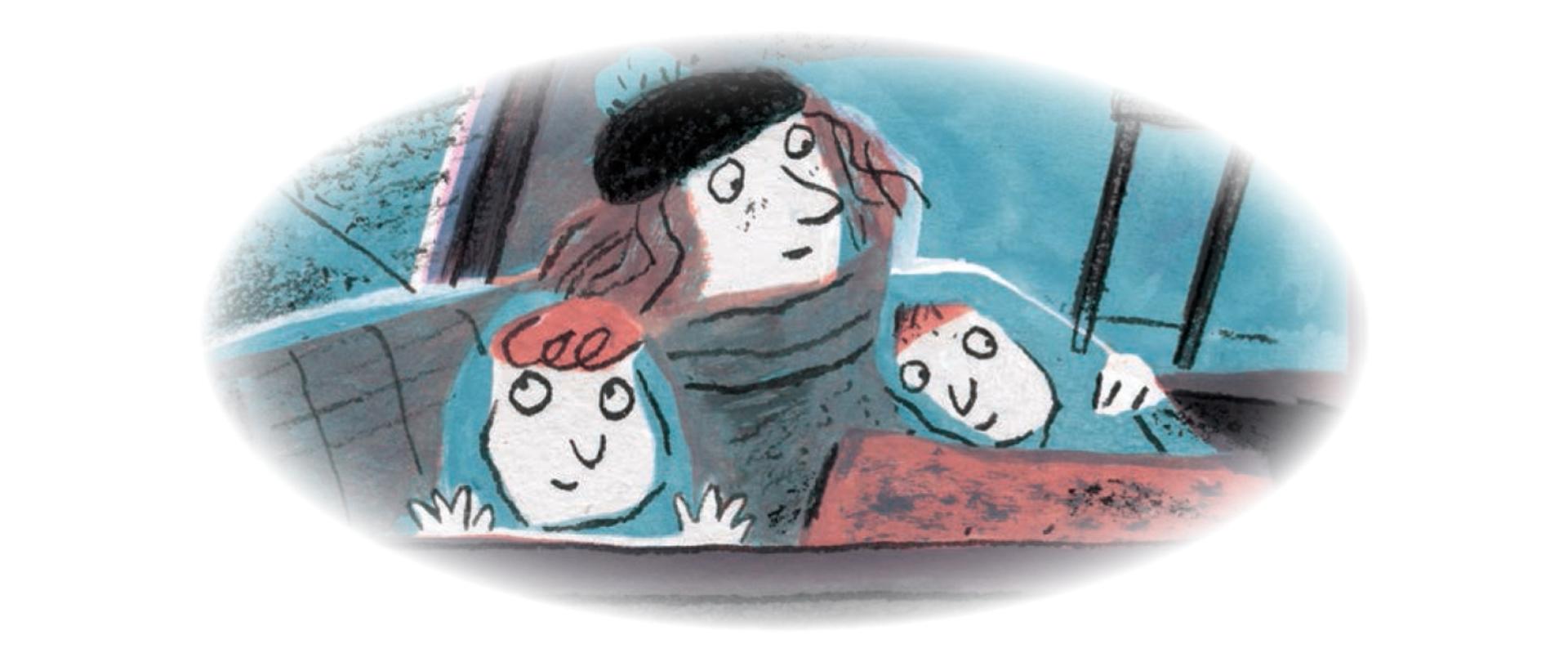 Grafika przedstawia tytułowych Ola i Borysa wraz z Babcią podrużujących z samochodzie