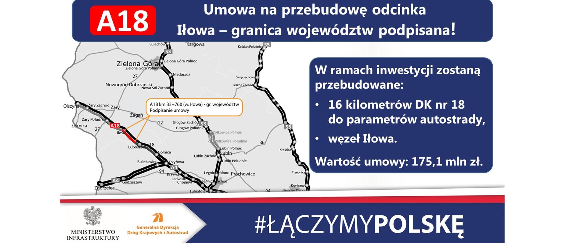 Generalna Dyrekcja Dróg Krajowych i Autostrad zawarła umowę na przebudowę ponad 16 kilometrowego odcinka południowej jezdni drogi krajowej nr 18 -infografika