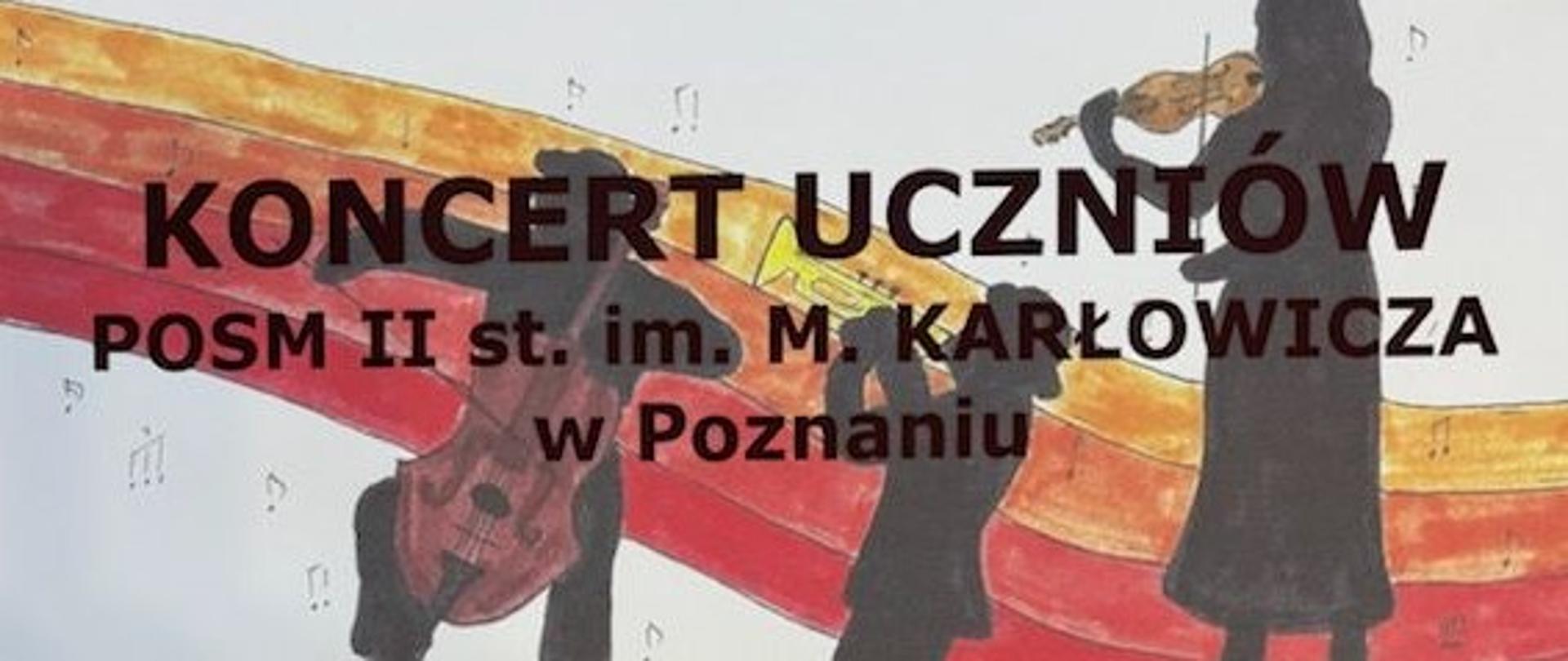 Plakat informujący o koncercie uczniów POSM II st. im. M. Karłowicza w Poznaniu. Wydarzenie odbędzie się 28.05.2025 roku o godzinie 15:30 w Nowotomyskim Ośrodku Kultury. Plakat jest na białym tle z kolorowymi grafikami przedstawiającymi osoby grające na saksofonie, wiolonczeli, skrzypcach i trąbce oraz jedna z nich dyryguje. W polnej części plakatu znajdują się loga m.in. organizatorów partnerów, patronów oraz sponsorów. 