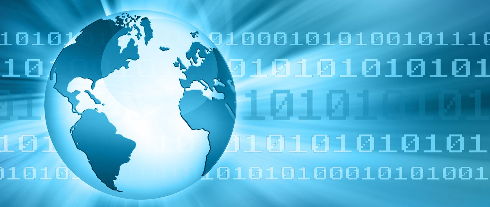 Grafika - kula ziemska na niebieskim tle, obok ciągi zer i jedynek.