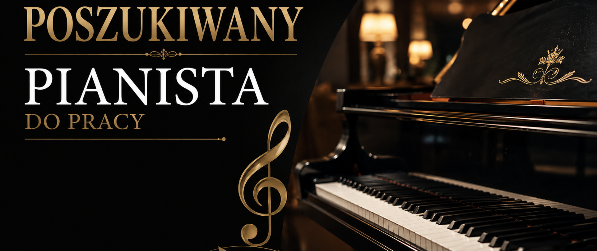 Poszukiwany pianista, tło czarne, fortepian z prawej strony