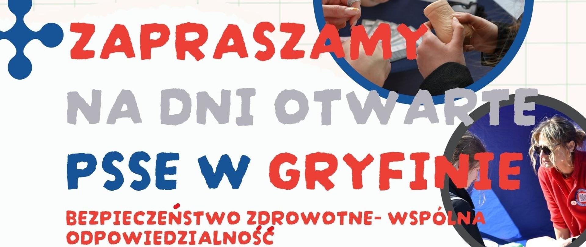 Logo inspekcji sanitarnej. Napis Zapraszamy na Dni Otwarte PSSE w Gryfinie. Hasło:Bezpieczeństwo zdrowotne -wspólna odpowiedzialność