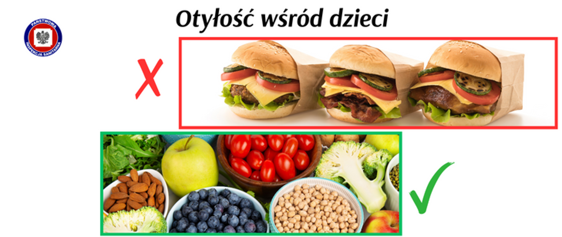 Grafika na białym tle. U góry czarny napis Otyłość wśród dzieci. Poniżej w czerwonej ramce trzy hamburgery. Z ich lewej strony czerwony znak X. Poniżej w zielonej ramce różne warzywa, owoce, ziarna fasoli i migdały. Z ich prawej strony zielony znak oznaczający akceptacje. W lewym górnym rogu logo Państwowej Inspekcji Sanitarnej.