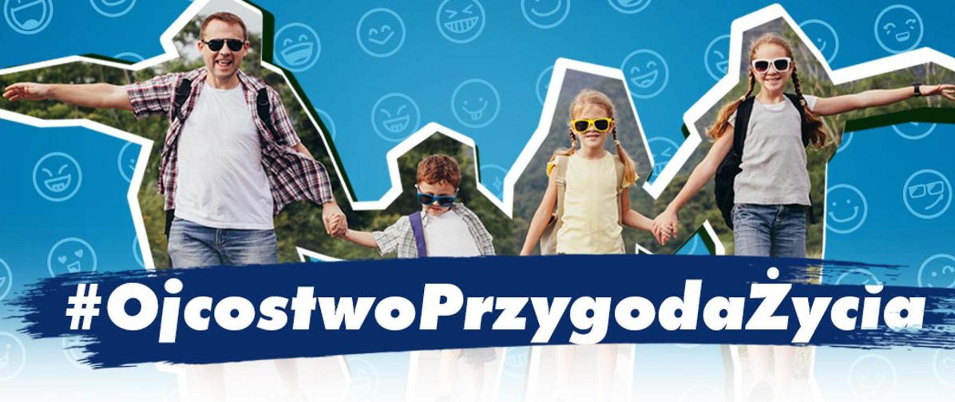 Rodzina trzymająca się za ręce na niebieskim tle