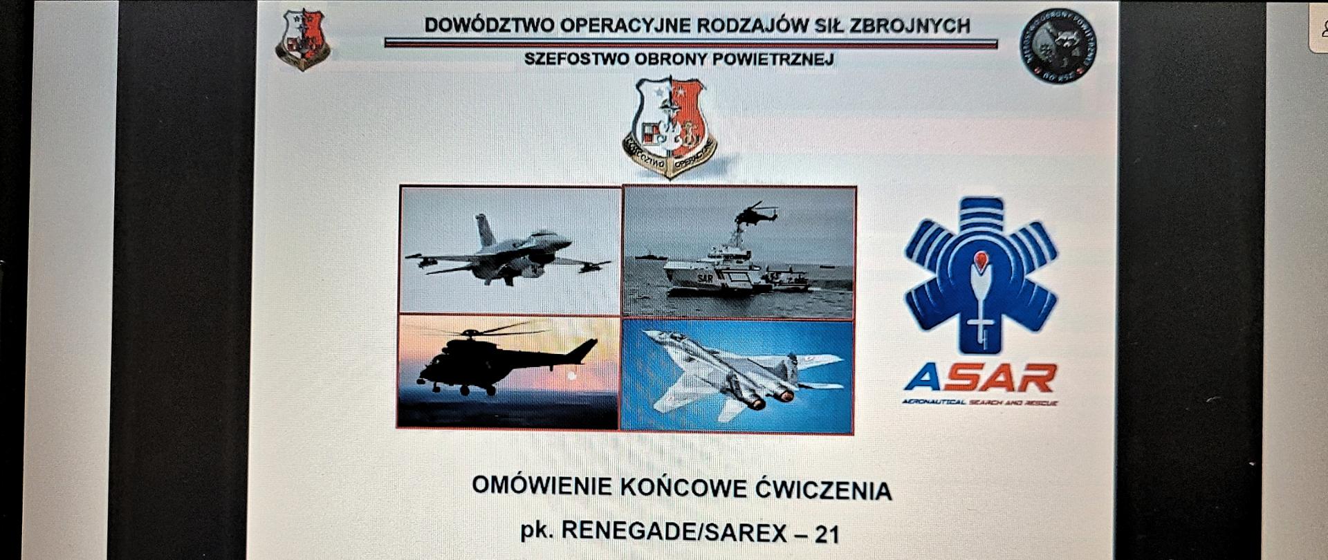 Widok monitora z widokiem planszy zapowiadającej omówienie ćwiczeń oraz miniaturki uczestników telekonferencji. 