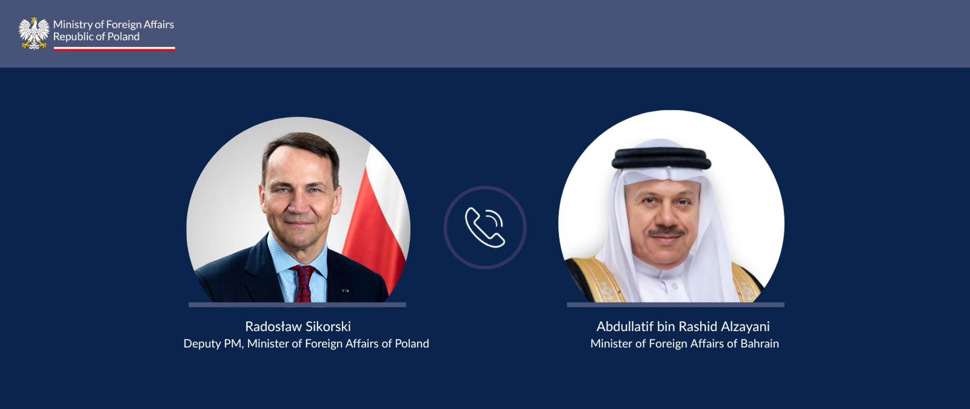 Graphic from the Ministry of Foreign Affairs showing a phone call between Radosław Sikorski, Deputy Prime Minister and Minister of Foreign Affairs of Poland, and Abdullatif bin Rashid Alzayani, Minister of Foreign Affairs of Bahrain. Their portraits and official titles are displayed.