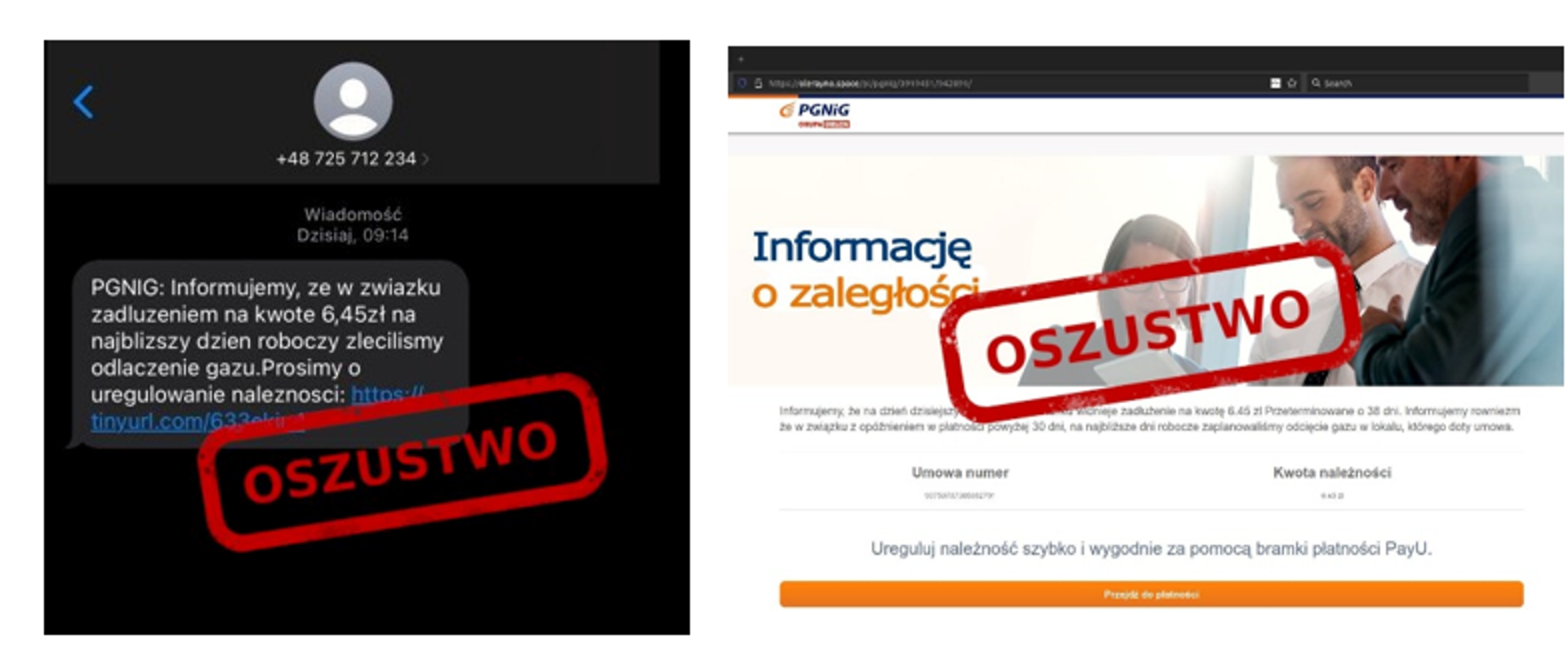 Fałszywa wiadomość i strona podszywająca się po PGNIG. Zdjęcie sms o treści PGNiG: Informujemy, z w związku z zadluzeniem na kwote 6,45 na najbliższy dzień roboczy zleciliśmy odlaczenie gazu. Prosimy o uregulowanie należności: http://tinyurl.com/68abs5
