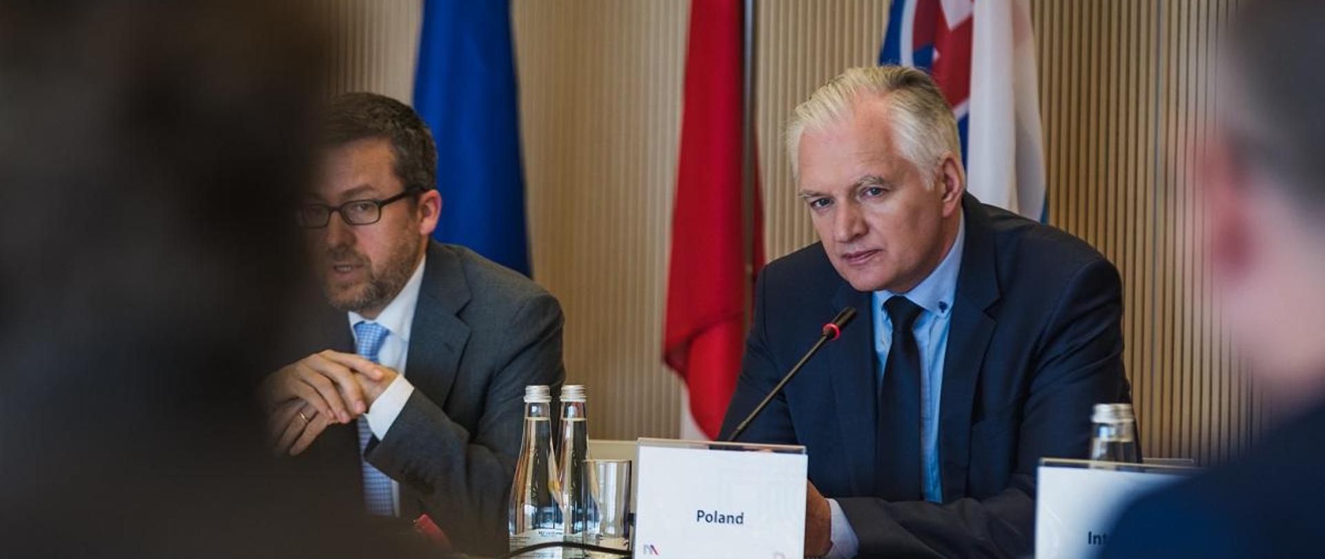 Minister Gowin na tle flag