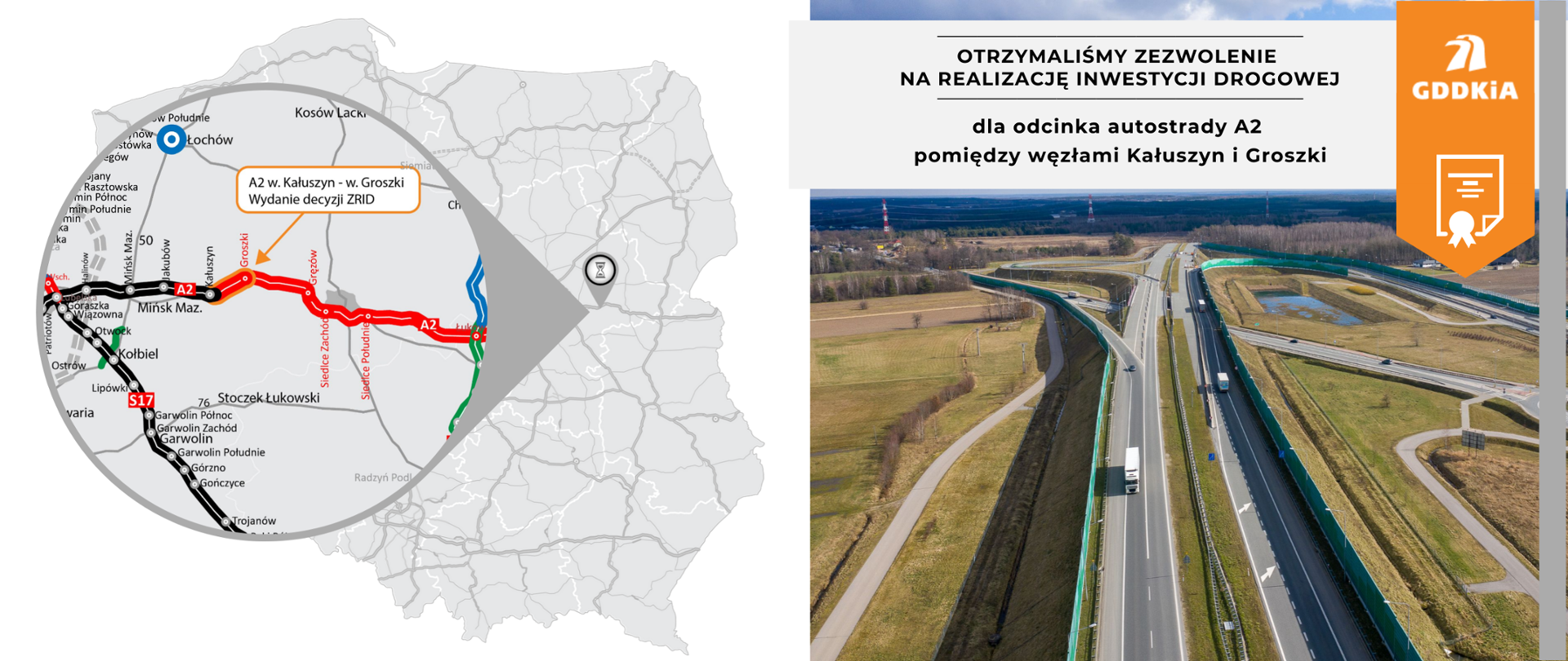 Infografika dot. wydania decyzji ZRID na odcinek A2 Kałuszyn - Groszki