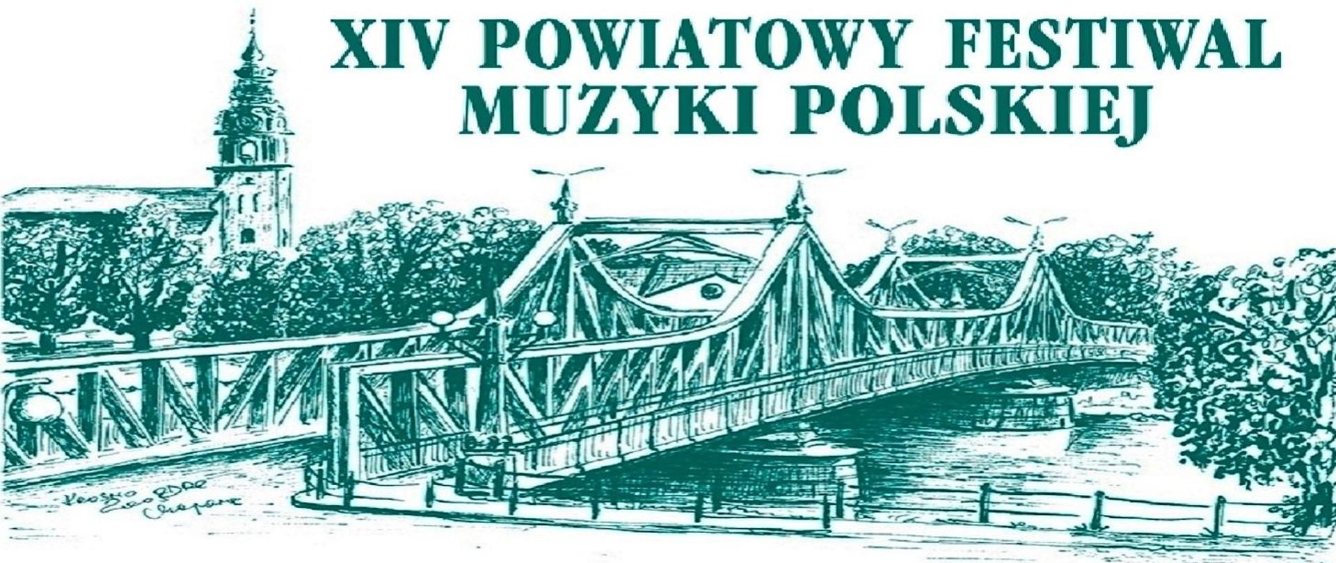 Zdjęcie na białym tle szkic w kolorze zielonym most na rzece Odra w Krośnie Odrzańskim 