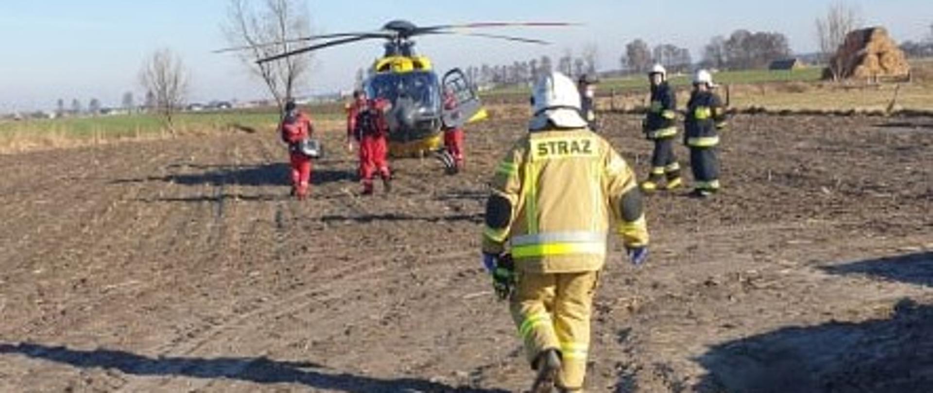 Zachorowanie w Ostojach. Pole w pobliżu zabudowań. Na zaoranym polu stoi śmigłowiec LPR. Wokół maszyny znajduje się załoga oraz strażacy w białych hełmach. W oddali widać stertę słomę, drzewa i zabudowania.