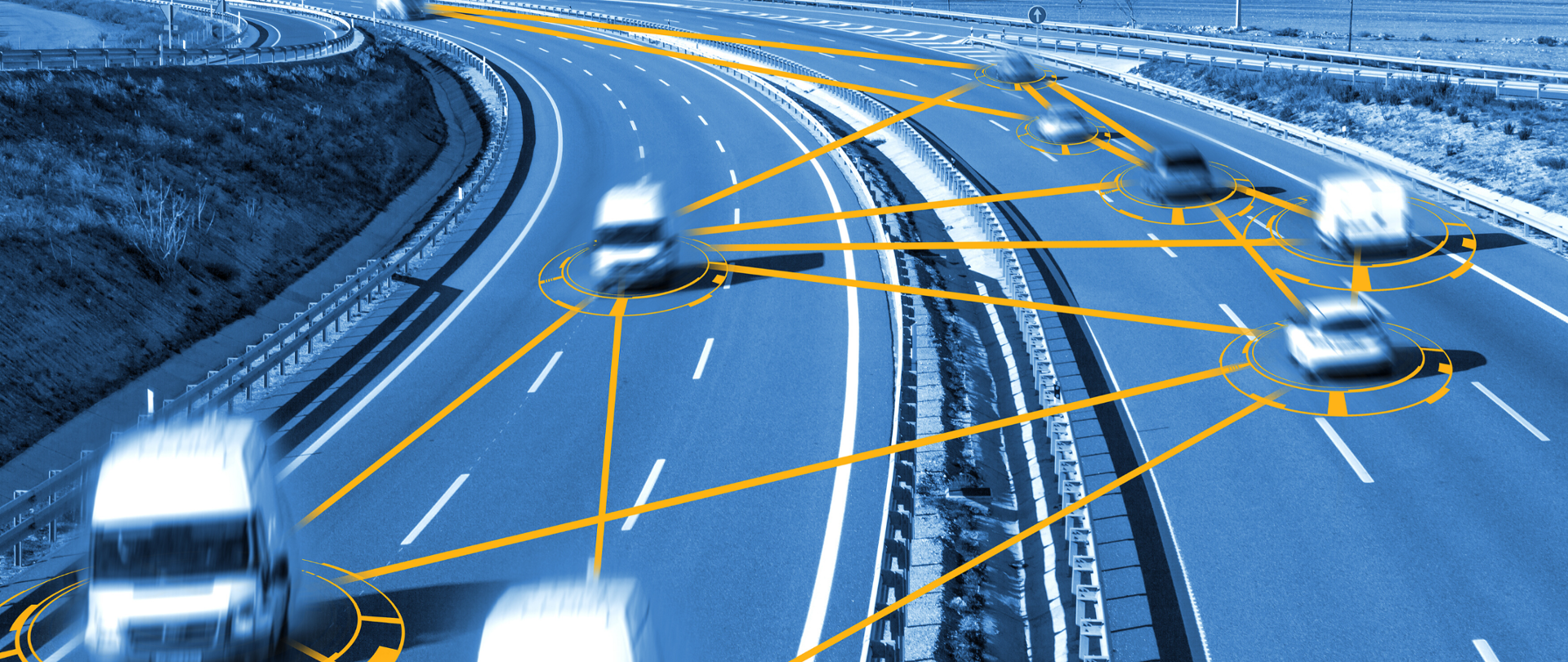 Grafika przestawiająca autostradę z samochodami. Linie symbolizujące komunikację między pojazdami.