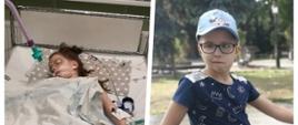 Zdjęcie przestawia dwa ujęcia dziewczynki. z lewej strony leżąca na łóżku szpitalnym podpięta do aparatury, a z prawej strony dziewczynka w okularach i granatowej bluzce w parku.