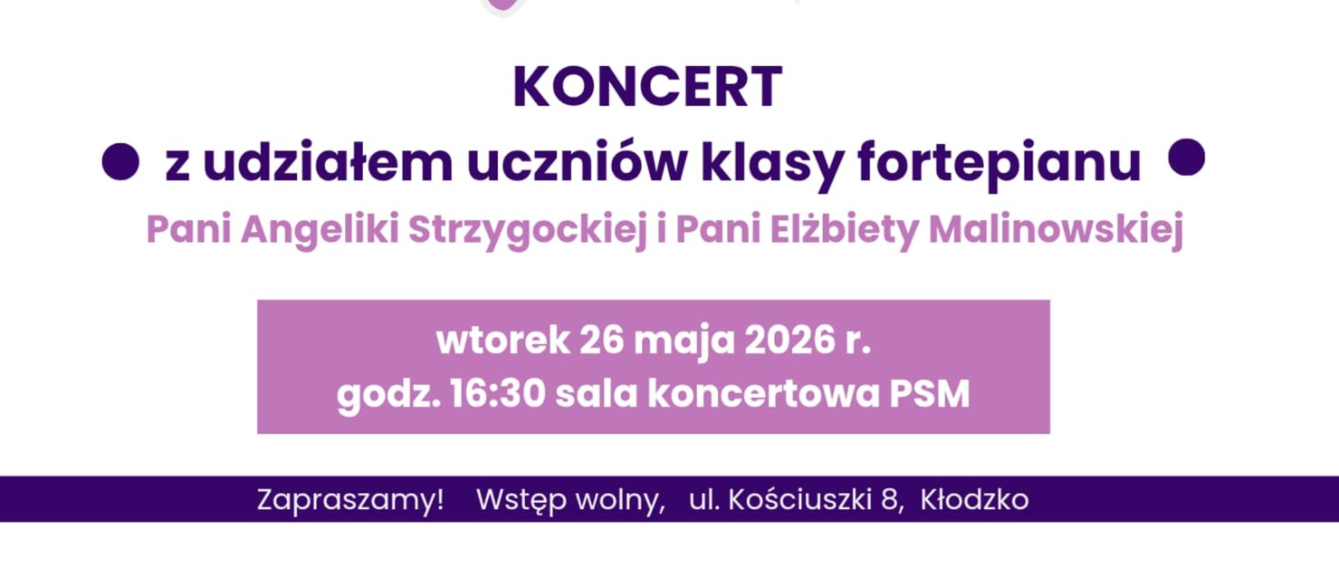 Plakat koncertu „Mój ulubiony utwór” organizowanego przez Państwową Szkołę Muzyczną I stopnia im. Fryderyka Chopina w Kłodzku z okazji Dnia Matki. Na grafice znajdują się ilustracje grających zwierzątek oraz informacje o koncercie uczniów klasy fortepianu, który odbędzie się 26 maja 2026 roku o godz. 16:30 w sali koncertowej szkoły.