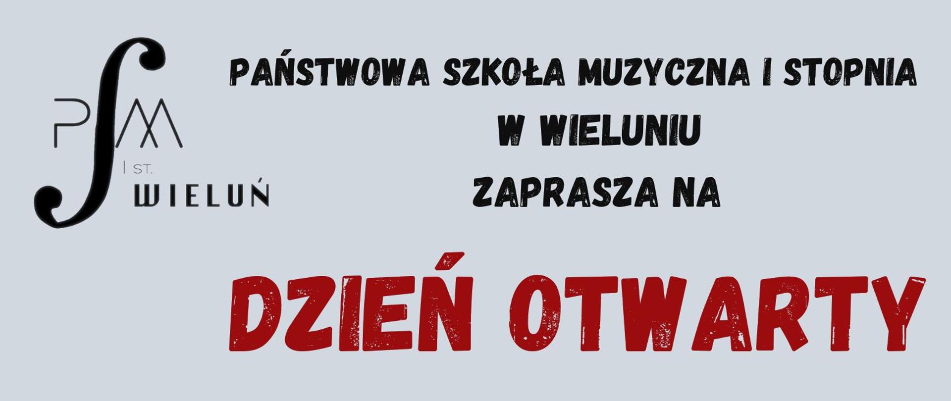 Zdjęcie zawiera plakat informujący o organizowanym 13.05.2024 dniu otwartym. Na szarym tle u góry logo i nazwa szkoły, poniżej bordowym kolorem napis dzień otwarty i data oraz godzina 16 do 18, poniżej informacja o atrakcjach oferowanych w ramach dnia otwartego, u dołu zakręcona klawiatura fortepianowa, z lewej strony fragment gitary klasycznej, u dołu stopka kontaktowa szkoły.